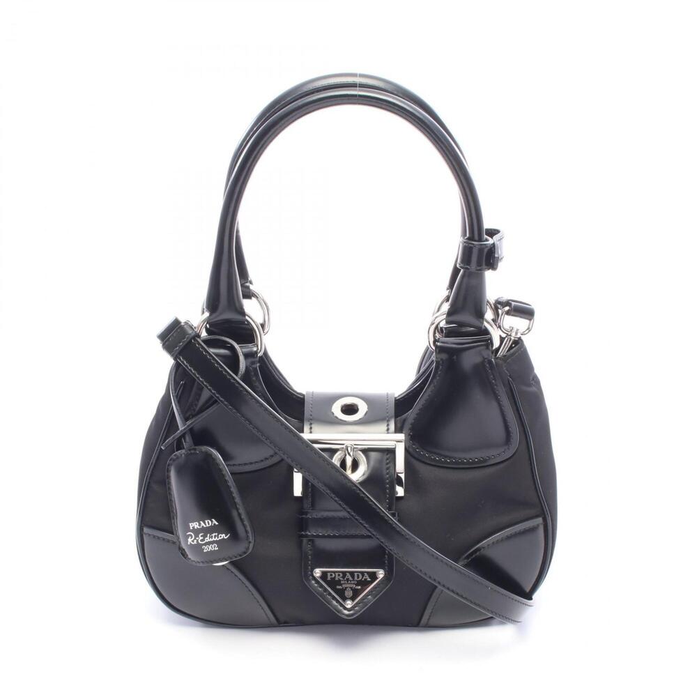 Prada MOON handbag, nylon and leather, women's, black, 1BA381